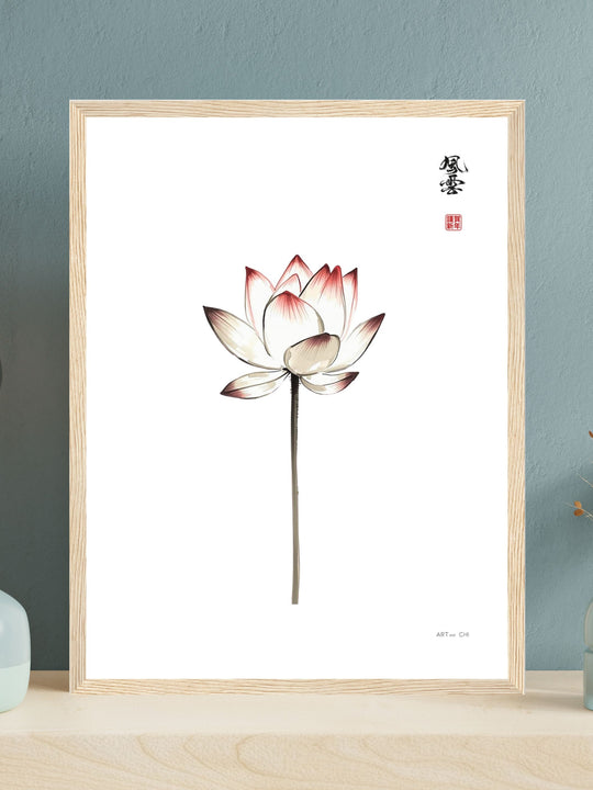Lámina decorativa Loto minimalista ilustración vertical estilo Sumi-e de una flor de loto blanco fondo blanco diseño para decoración Zen y espacios Feng 
