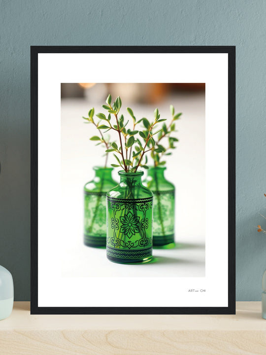 jarrones de cristal verde con ramas y hojas pequeñas sobre fondo blanco; diseño botánico minimalista y elegante.