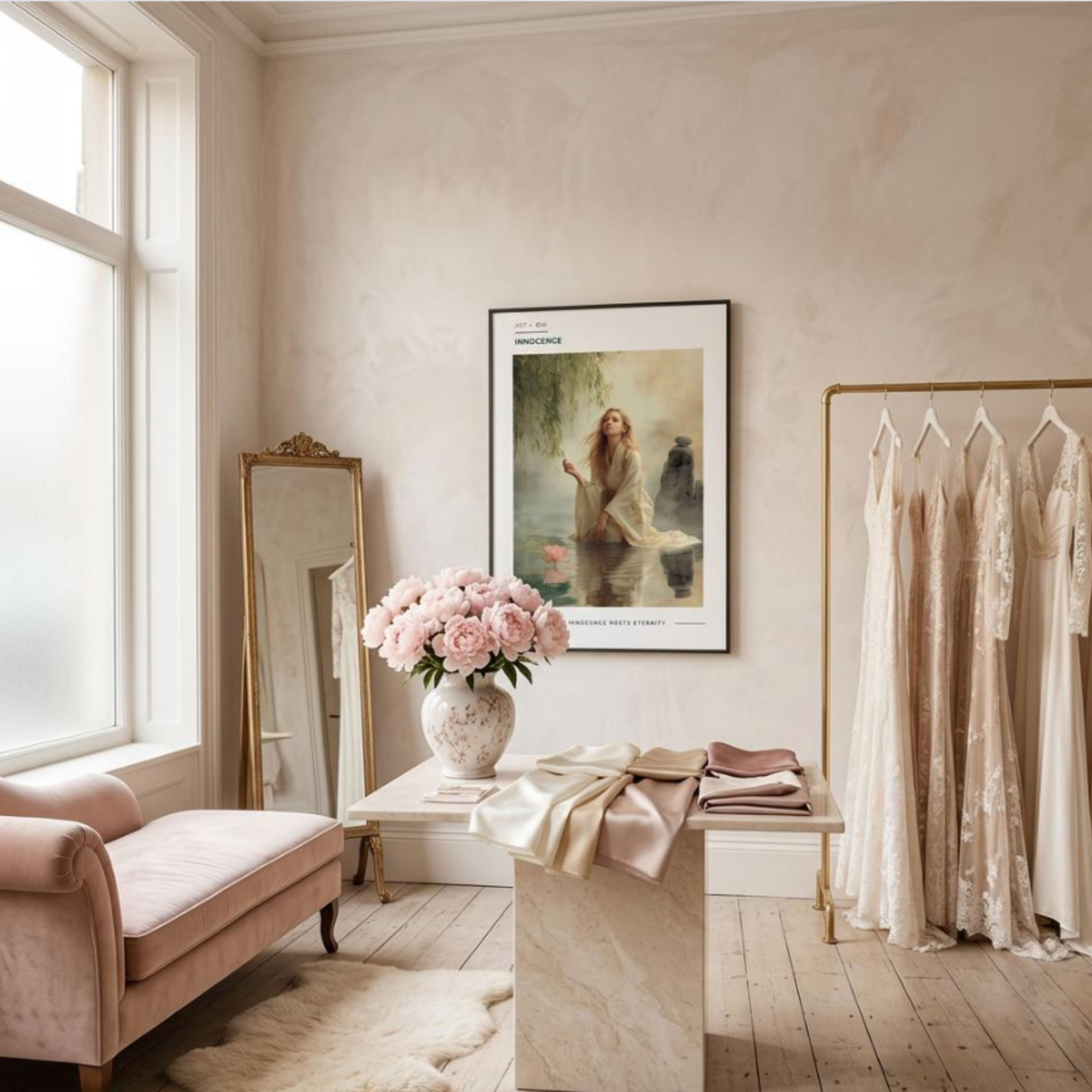 Inocence, lámina Feng Shui con mujer etérea y loto rosa en boutique de novias de estilo elegante y tonos suaves