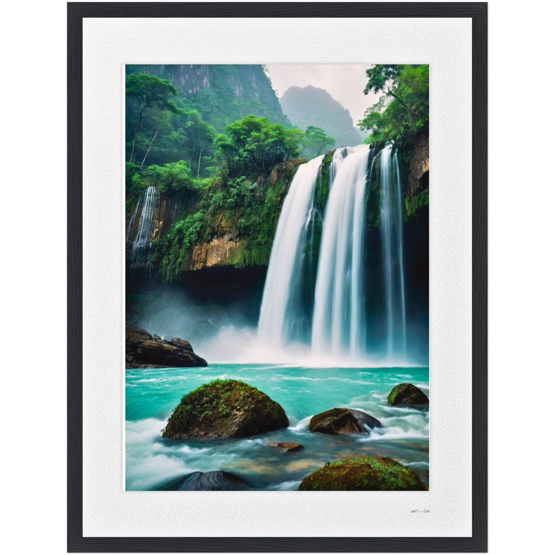 Lámina de arte  origina para regalo Feng Shui con cascada de agua turquesa en bosque tropical, símbolo del elemento Agua y la abundancia, enmarcada 