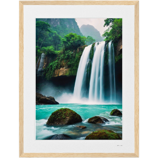 Lámina de arte  origina para regalo Feng Shui con cascada de agua turquesa en bosque tropical, símbolo del elemento Agua y la abundancia, enmarcada 