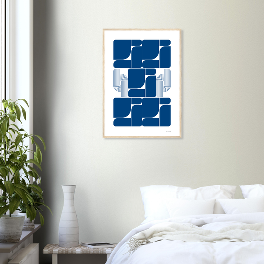 Arte geométrico Bauhaus en azul sobre fondo blanco, bloques curvos y líneas paralelas, impresión para interior contemporáneo