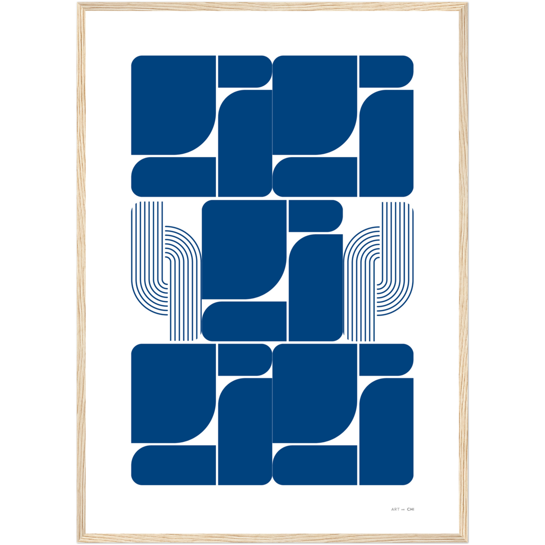 Arte geométrico Bauhaus en azul sobre fondo blanco, bloques curvos y líneas paralelas, impresión para interior contemporáneo