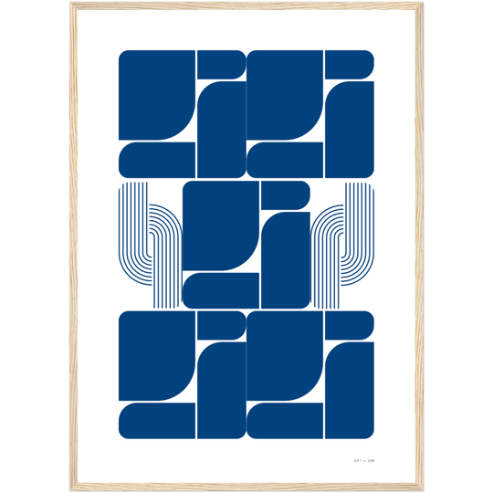 Arte geométrico Bauhaus en azul sobre fondo blanco, bloques curvos y líneas paralelas, impresión para interior contemporáneo