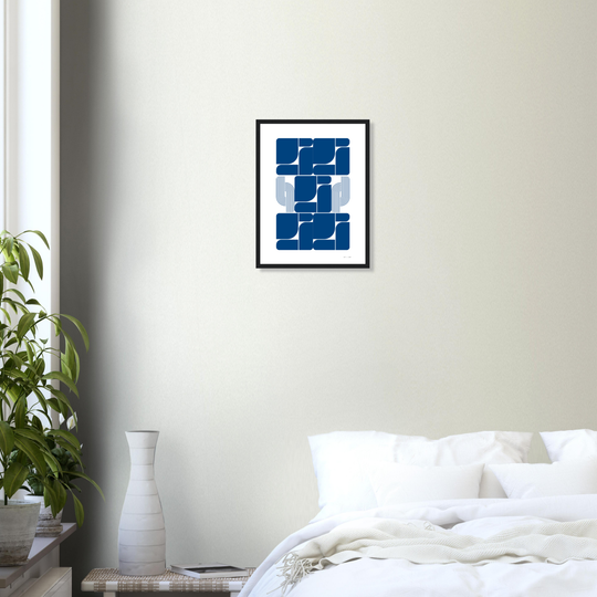 Arte geométrico Bauhaus en azul sobre fondo blanco, bloques curvos y líneas paralelas, impresión para interior contemporáneo