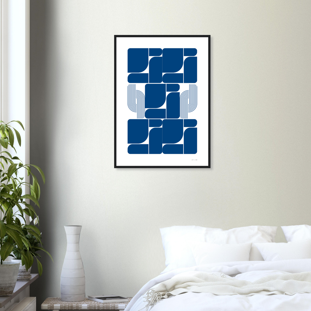 Arte geométrico Bauhaus en azul sobre fondo blanco, bloques curvos y líneas paralelas, impresión para interior contemporáneo