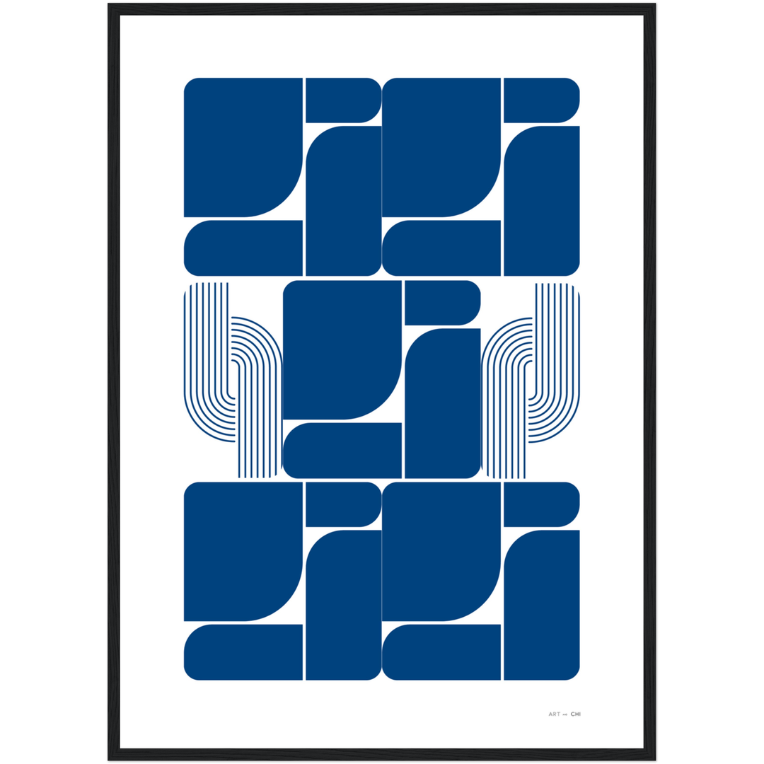 Arte geométrico Bauhaus en azul sobre fondo blanco, bloques curvos y líneas paralelas, impresión para interior contemporáneo