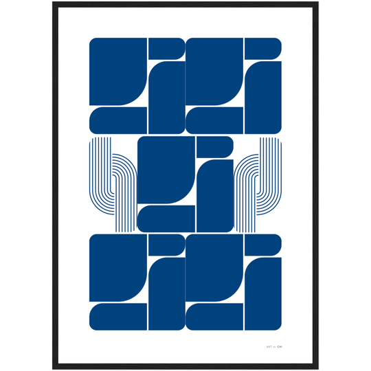 Arte geométrico Bauhaus en azul sobre fondo blanco, bloques curvos y líneas paralelas, impresión para interior contemporáneo