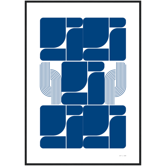 Arte geométrico Bauhaus en azul sobre fondo blanco, bloques curvos y líneas paralelas, impresión para interior contemporáneo