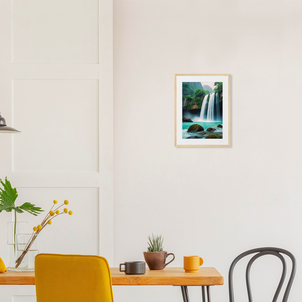 Lámina de arte  origina para regalo Feng Shui con cascada de agua turquesa en bosque tropical, símbolo del elemento Agua y la abundancia, enmarcada 