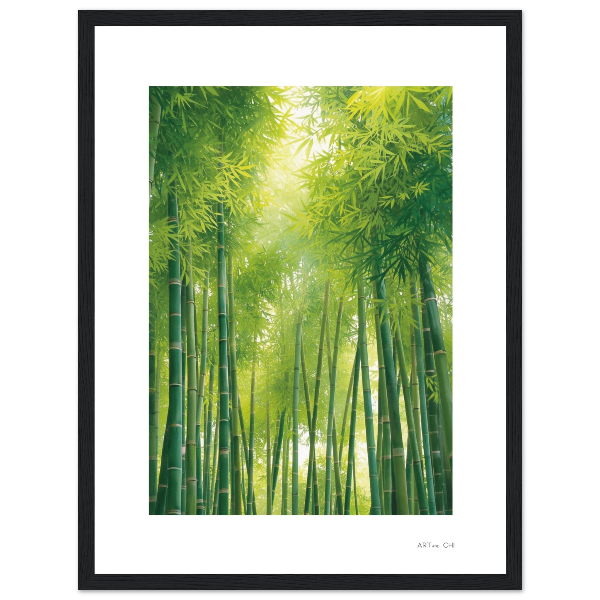 Lámina minimalista enmarcada de bosque de bambú verde: tallos verticales y hojas densas con luz solar difusa desde arriba.