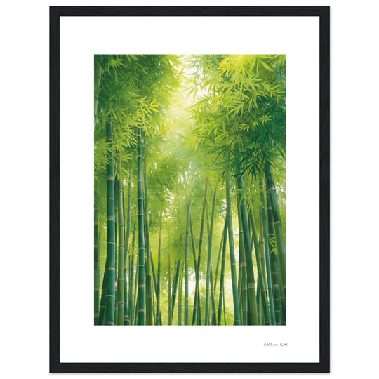 Lámina minimalista enmarcada de bosque de bambú verde: tallos verticales y hojas densas con luz solar difusa desde arriba.