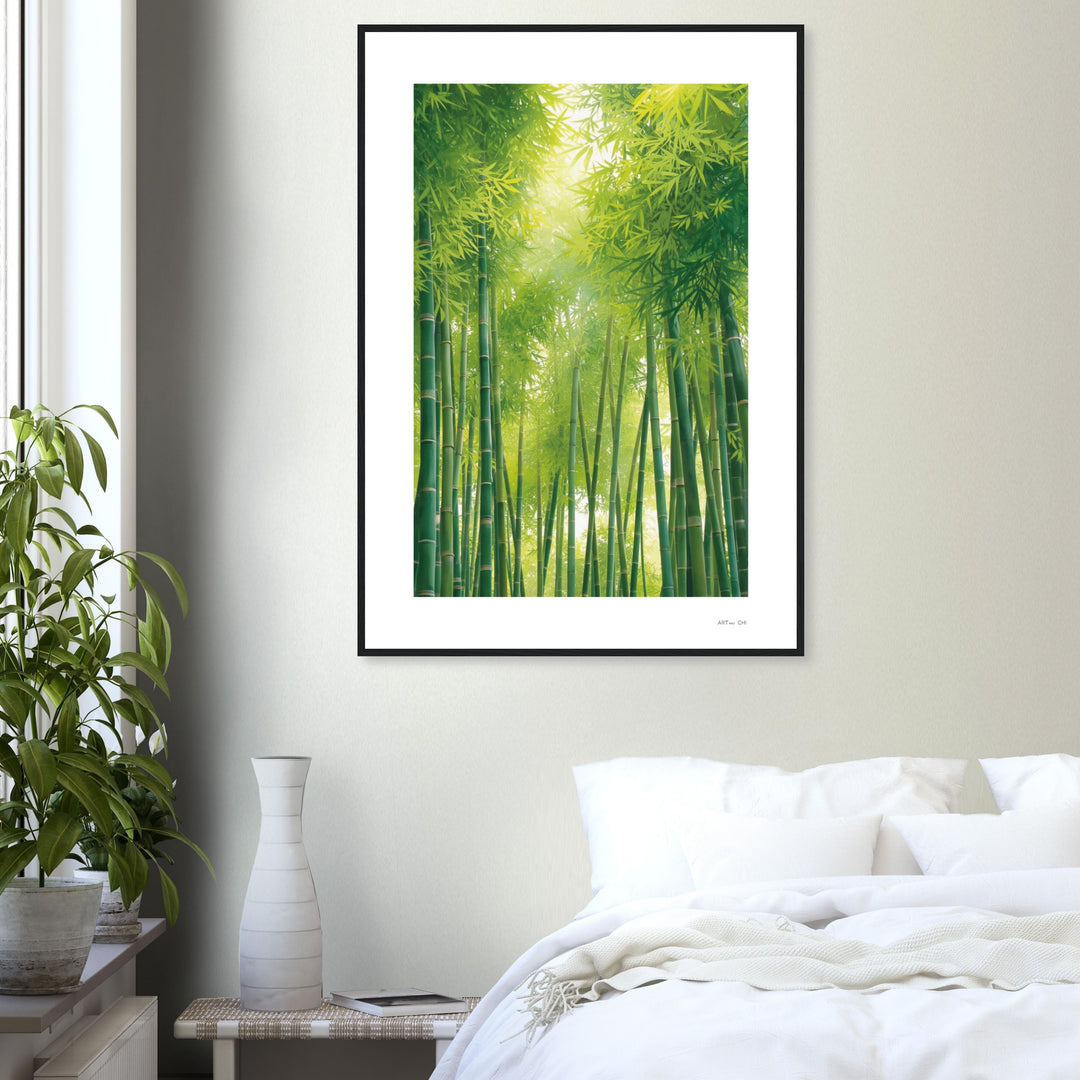 Lámina minimalista enmarcada de bosque de bambú verde: tallos verticales y hojas densas con luz solar difusa desde arriba.