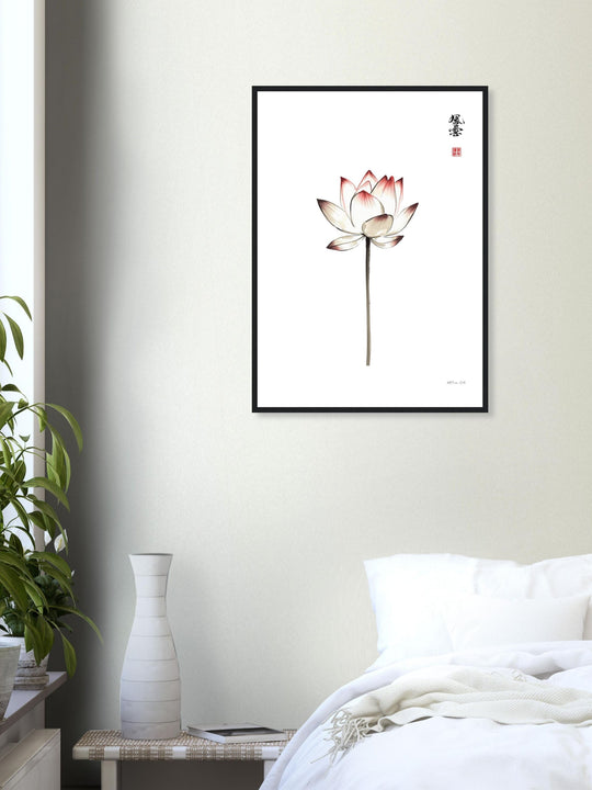 Lámina decorativa Loto minimalista ilustración vertical estilo Sumi-e de una flor de loto blanco fondo blanco diseño para decoración Zen y espacios Feng 