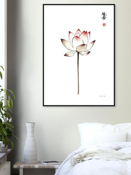 Lámina decorativa Loto minimalista ilustración vertical estilo Sumi-e de una flor de loto blanco fondo blanco diseño para decoración Zen y espacios Feng 