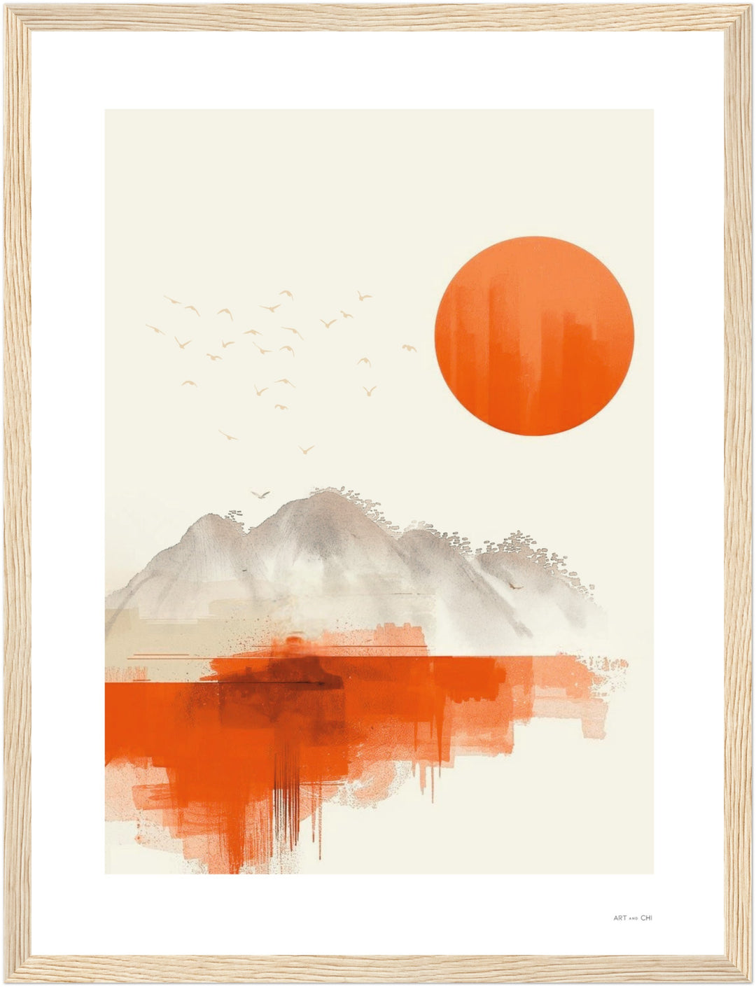 Lámina Feng Shui de 30x40 cm con sol naranja, estilo minimalista y marco de madera natural, representa el elemento Tierra.