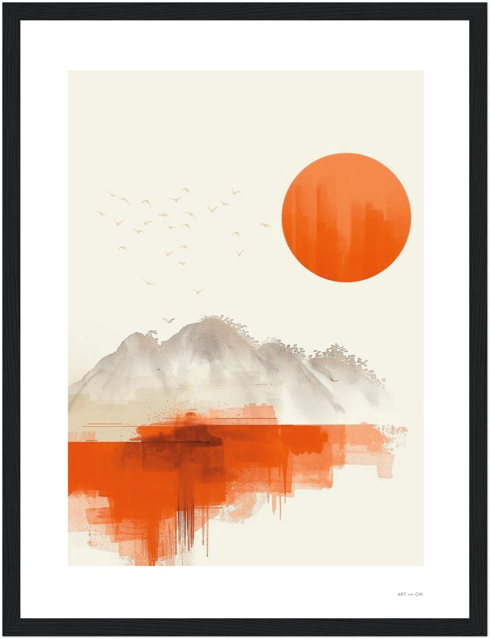 Lámina Feng Shui de 30x40 cm con sol naranja, estilo minimalista y marco de madera negra, representa el elemento Tierra.