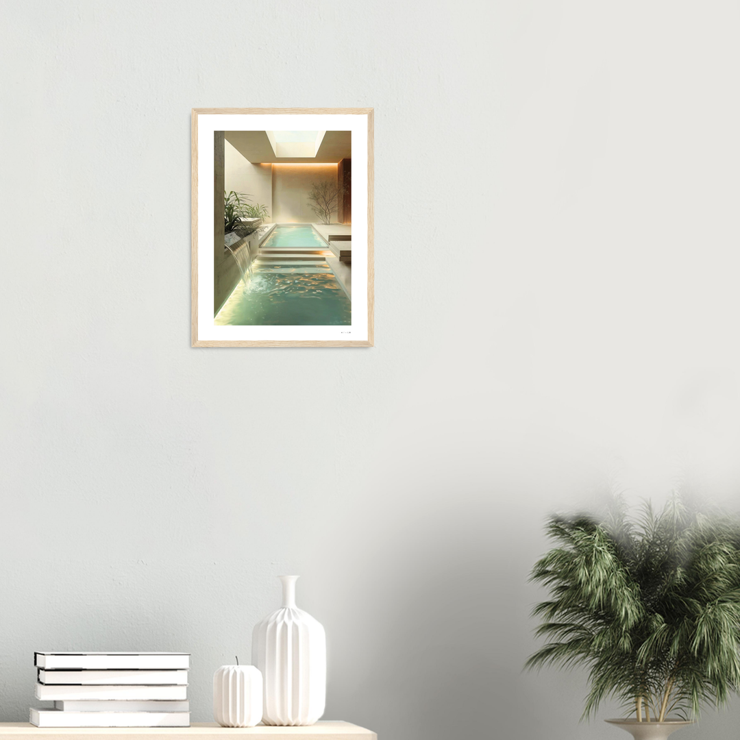 Piscina interior de lujo en estilo minimalista, un spa o baño moderno con cascada y claraboya, diseño de interiores color beige y crema lamina simple marco madera pino natural medidas 30x40 cm