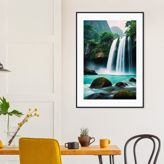 Lámina de arte  origina para regalo Feng Shui con cascada de agua turquesa en bosque tropical, símbolo del elemento Agua y la abundancia, enmarcada 