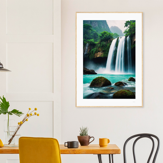 Lámina de arte  origina para regalo Feng Shui con cascada de agua turquesa en bosque tropical, símbolo del elemento Agua y la abundancia, enmarcada 
