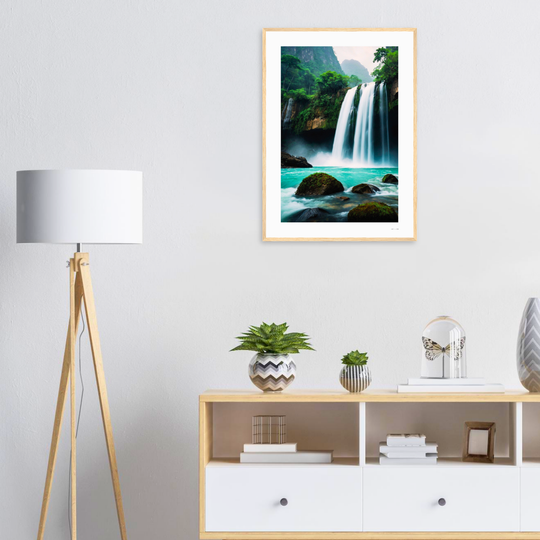 Lámina de arte  origina para regalo Feng Shui con cascada de agua turquesa en bosque tropical, símbolo del elemento Agua y la abundancia, enmarcada 