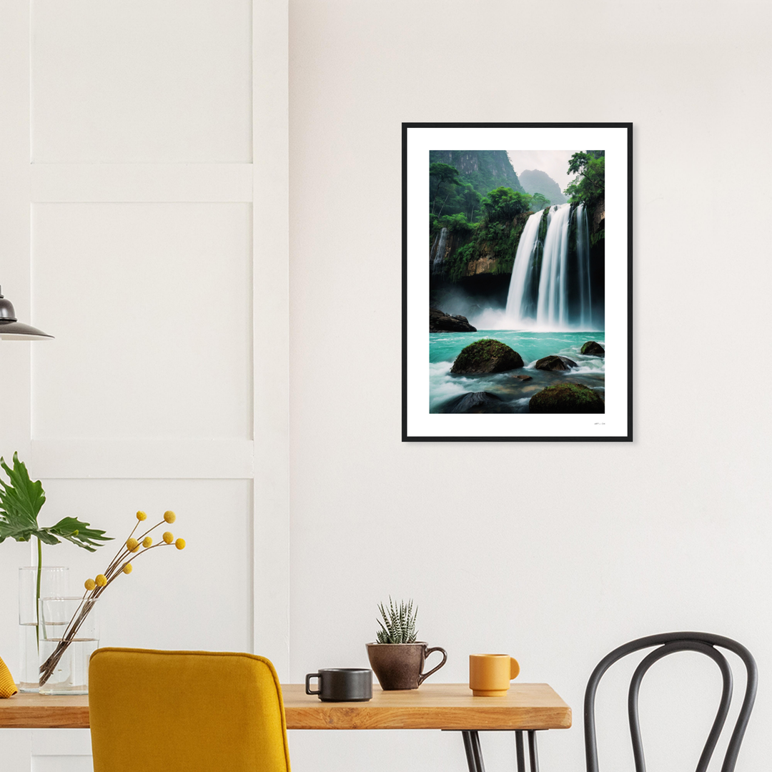 Lámina de arte  origina para regalo Feng Shui con cascada de agua turquesa en bosque tropical, símbolo del elemento Agua y la abundancia, enmarcada 