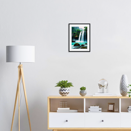 Lámina de arte  origina para regalo Feng Shui con cascada de agua turquesa en bosque tropical, símbolo del elemento Agua y la abundancia, enmarcada 