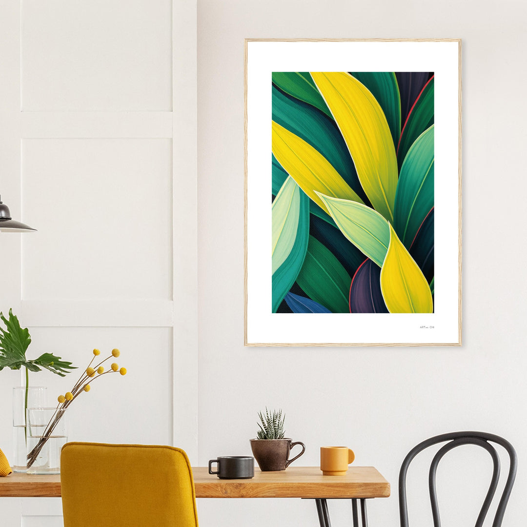 lamina decorativa feng shui hojas verdes tropicales de palmera en un estilo minimalista y contemporáneo marco de madera natural 70x100 cm