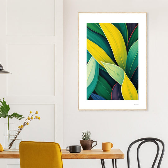 lamina decorativa feng shui hojas verdes tropicales de palmera en un estilo minimalista y contemporáneo marco de madera natural 70x100 cm