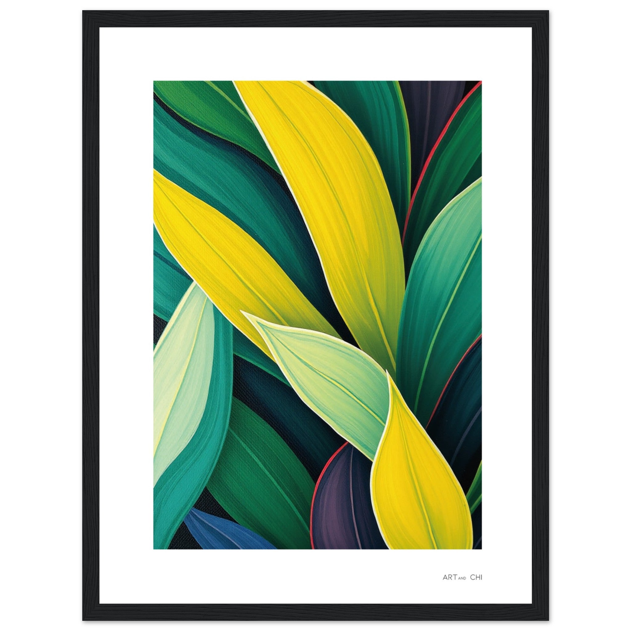 lamina decorativa feng shui hojas verdes tropicales de palmera en un estilo minimalista y contemporáneo marco de madera negro 30x40 cm
