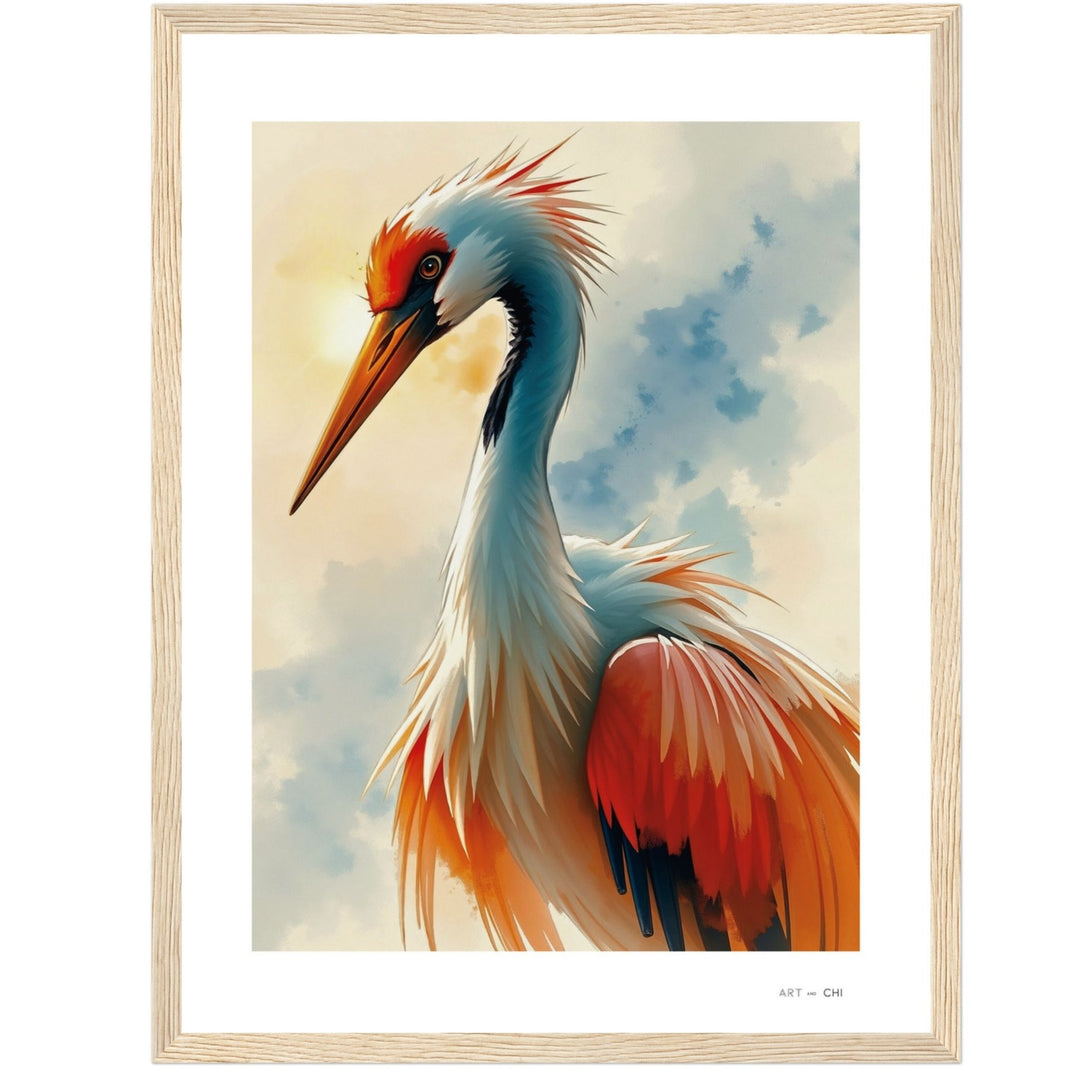Lámina artística de una grulla japonesa con plumas rojas, naranjas y blancas bajo un cielo azul suave. Arte minimalista estilo oriental, ideal para aportar elegancia y energía positiva según el Feng Shui. Marco madera  natural Tamaño 30x40 cm