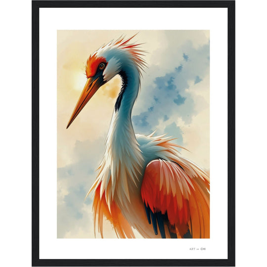 Lámina artística de una grulla japonesa con plumas rojas, naranjas y blancas bajo un cielo azul suave. Arte minimalista estilo oriental, ideal para aportar elegancia y energía positiva según el Feng Shui. Marco madera  natural Tamaño 30x40 cm