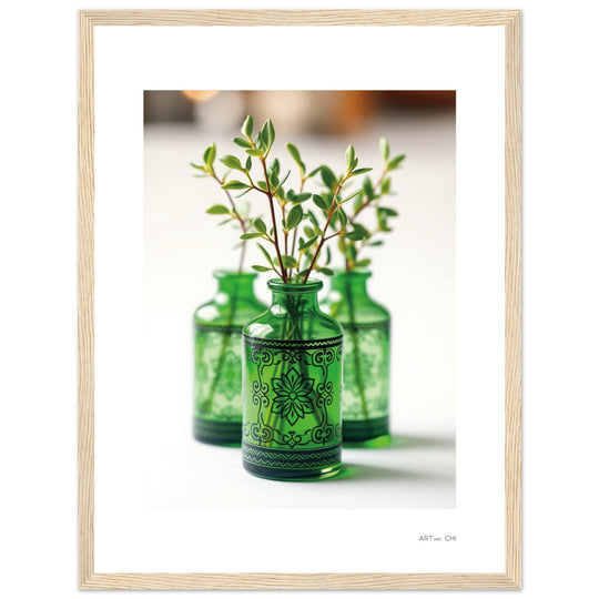 jarrones de cristal verde con ramas y hojas pequeñas sobre fondo blanco; diseño botánico minimalista y elegante.