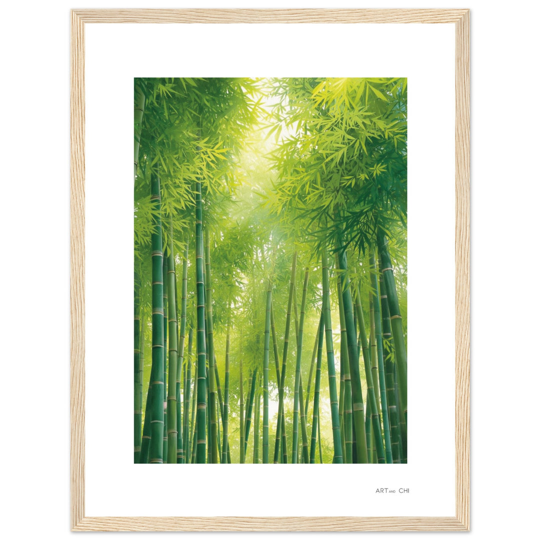 Lámina minimalista enmarcada de bosque de bambú verde: tallos verticales y hojas densas con luz solar difusa desde arriba.