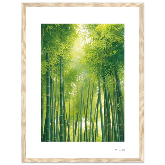 Lámina minimalista enmarcada de bosque de bambú verde: tallos verticales y hojas densas con luz solar difusa desde arriba.