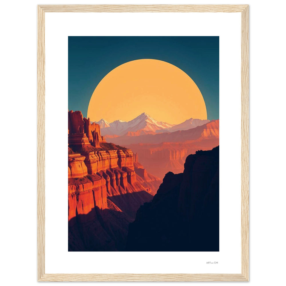 Impresión artística de paisaje Cañón del Colorado al atardecer. Composición minimalista y contemporánea . Lámina feng shui elemento tierra con marco de madera natural. Tamaño: 30x40 cm