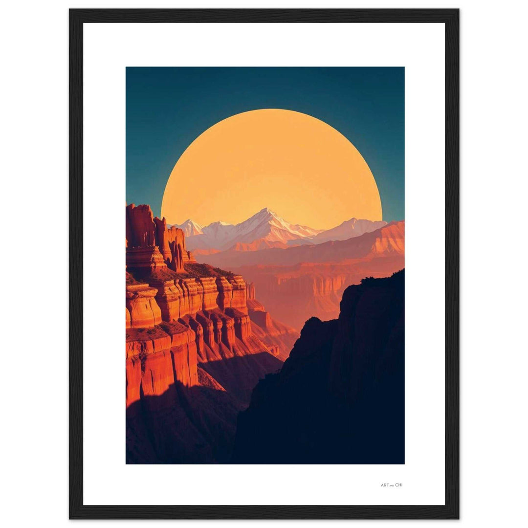 Impresión artística de paisaje Cañón del Colorado al atardecer. Composición minimalista y contemporánea . Lámina feng shui elemento tierra con marco de madera negra. Tamaño: 30x40 cm