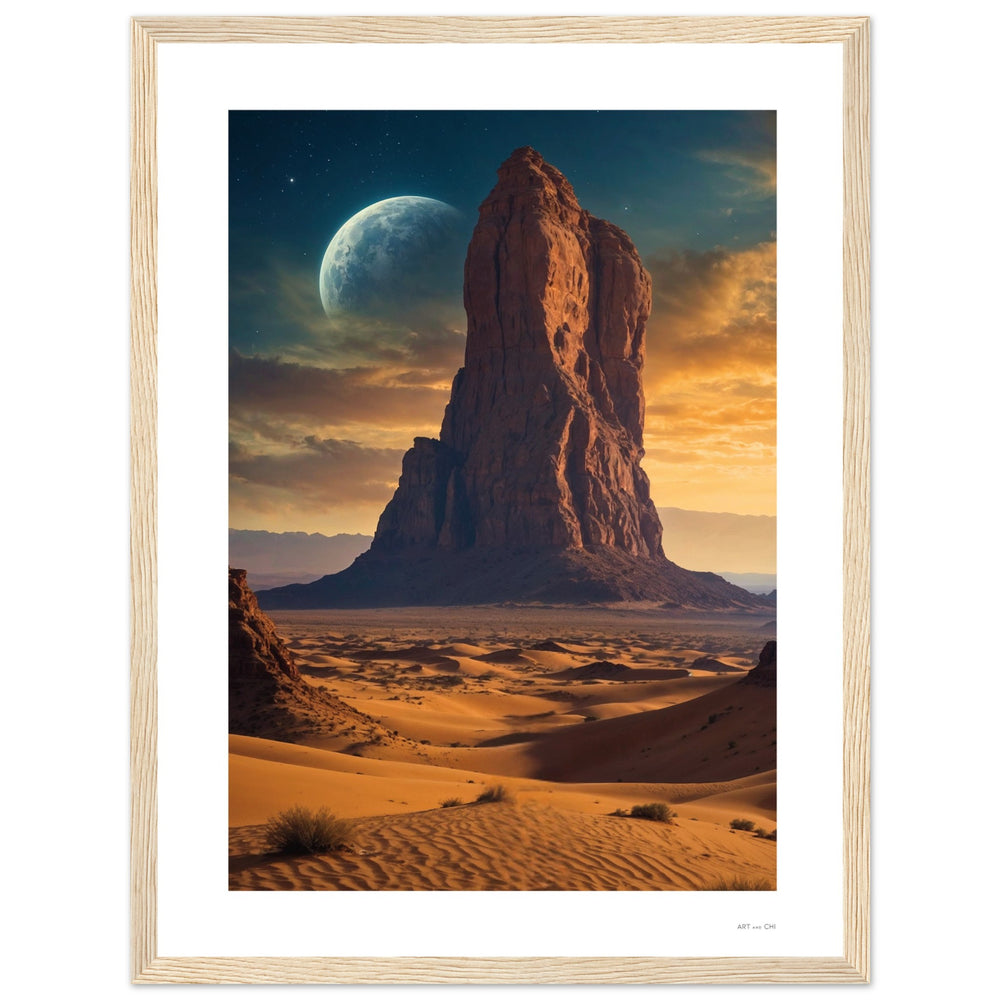 Lámina decorativa de Elemento Tierra Feng Shui. Arte de pared vertical con montaña , desierto y luna con  cielo estrellado, en marco de madera negra o natural. Fomenta la estabilidad y la conexión en decoración de interiores.