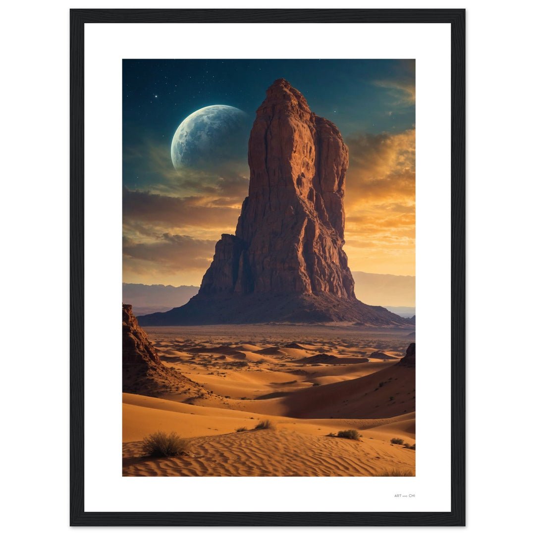 Lámina decorativa de Elemento Tierra Feng Shui. Arte de pared vertical con montaña , desierto y luna con  cielo estrellado, en marco de madera negra o natural. Fomenta la estabilidad y la conexión en decoración de interiores.