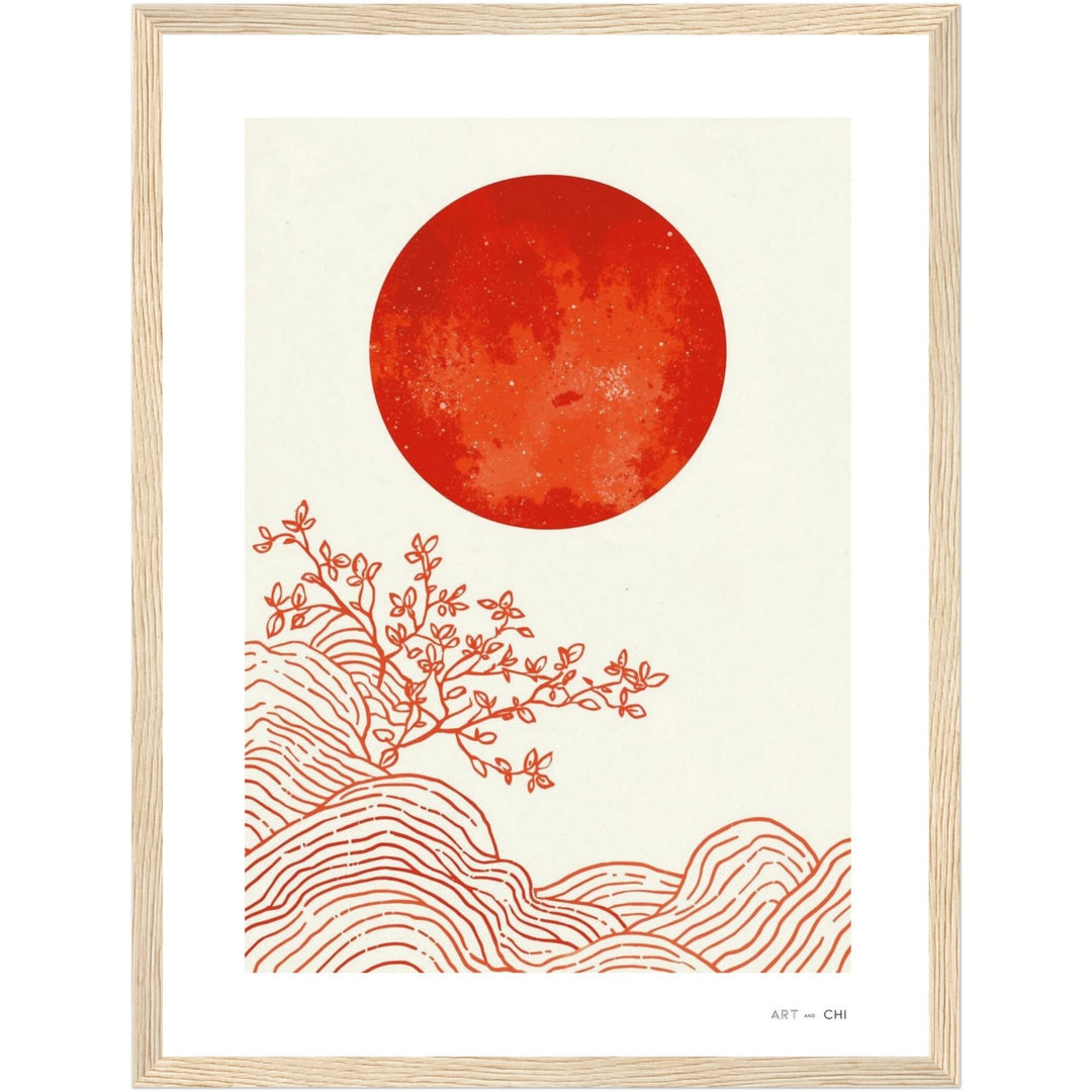 Pintura abstracta minimalista, estilo Japandi, enmarcado en madera natural con un gran círculo o sol de color terracota o marrón rojizo en el centro, y trazos sutiles en blanco y beige en estantería tamaño 30x40 cm