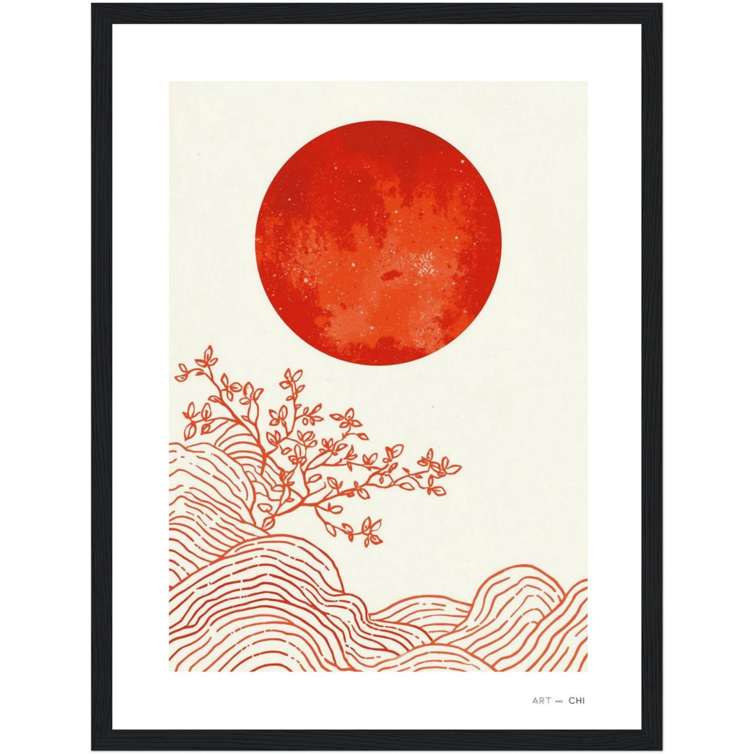 Pintura abstracta minimalista, estilo Japandi, enmarcado en madera negra con un gran círculo o sol de color terracota o marrón rojizo en el centro, y trazos sutiles en blanco y beige en estantería tamaño 30x40 cm