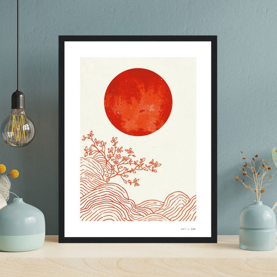 Pintura abstracta minimalista, estilo Japandi, enmarcado en madera negra con un gran círculo o sol de color terracota o marrón rojizo en el centro, y trazos sutiles en blanco y beige en estantería tamaño 30x40 cm