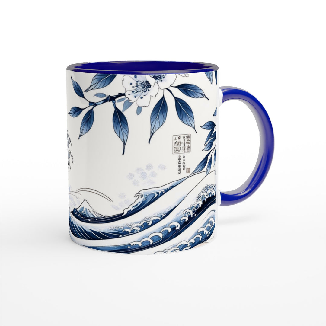 Taza cerámica Sumi-e con diseño de olas azul y blanco, inspirada en Hokusai y el Atlántico — regalo, decoración Feng Shui (elemento Agua)