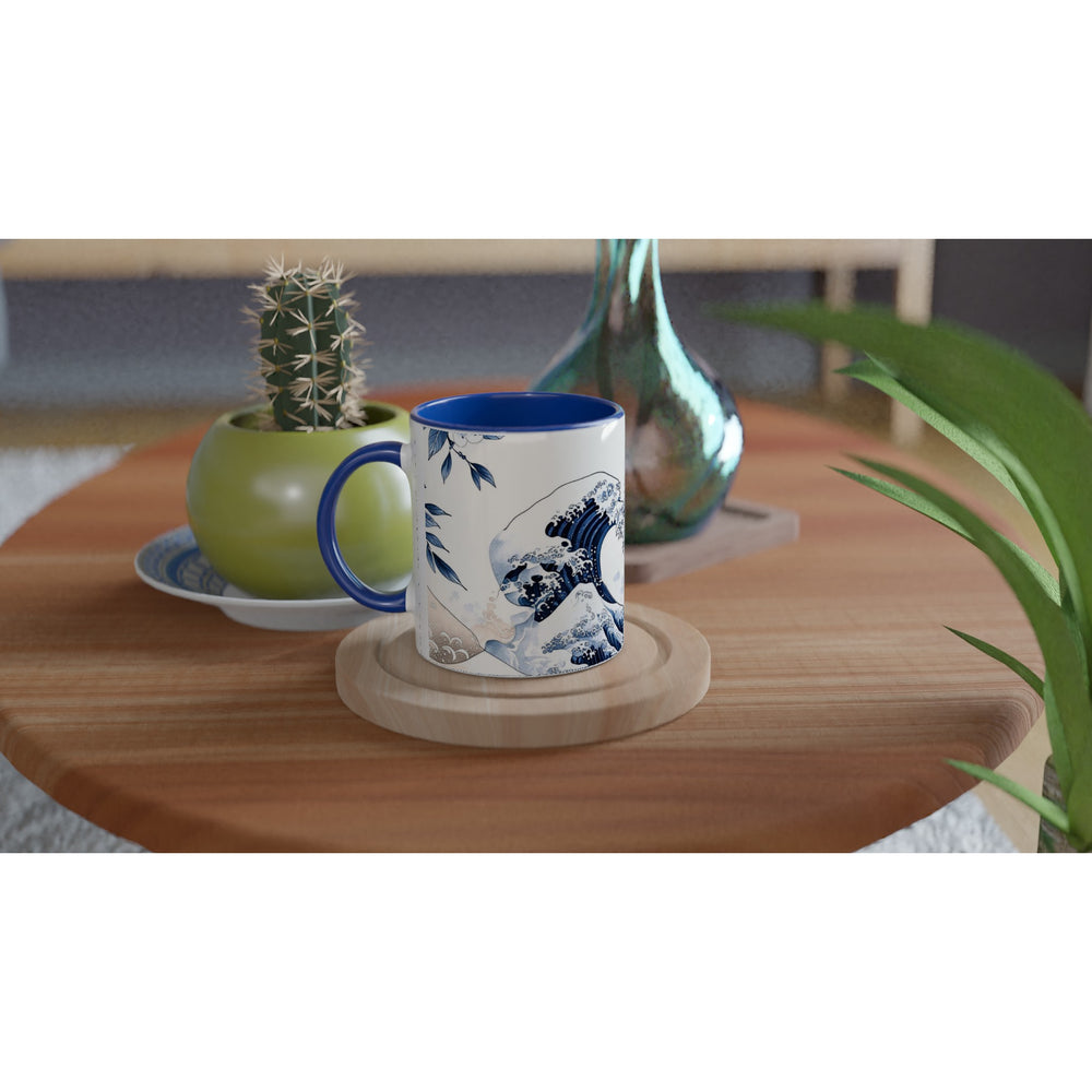 Taza cerámica Sumi-e con diseño de olas azul y blanco, inspirada en Hokusai y el Atlántico — regalo, decoración Feng Shui (elemento Agua)