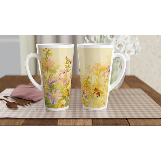 Taza decorativa con abejas y flores silvestres de estilo delicado y luminoso