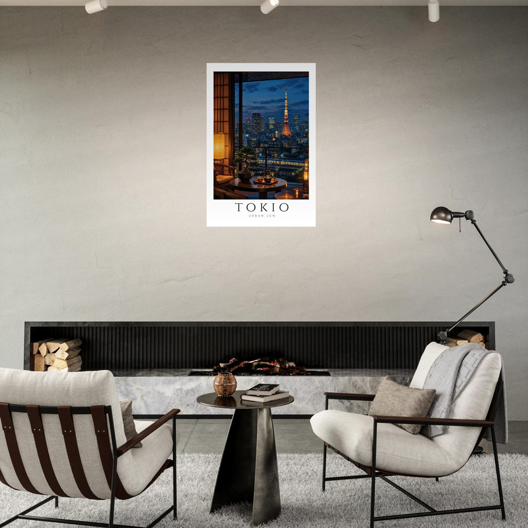 Póster Tokio Urban Zen en salón contemporáneo con chimenea, lámina vintage japonesa de Tokio con tonos nocturnos y luz cálida.