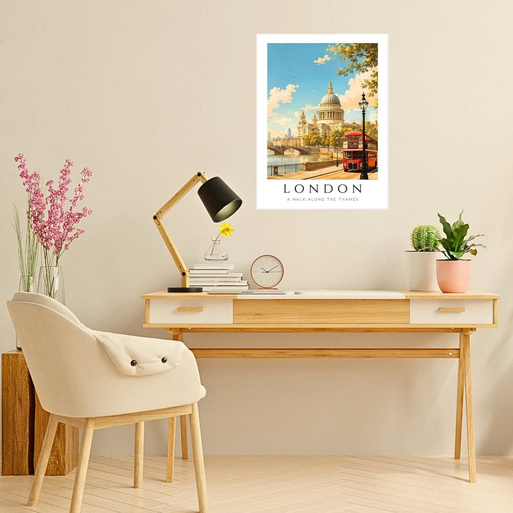 Mockup de póster vintage de Londres sobre escritorio nórdico de madera clara, con silla beige, lámpara negra y decoración minimalista luminosa.