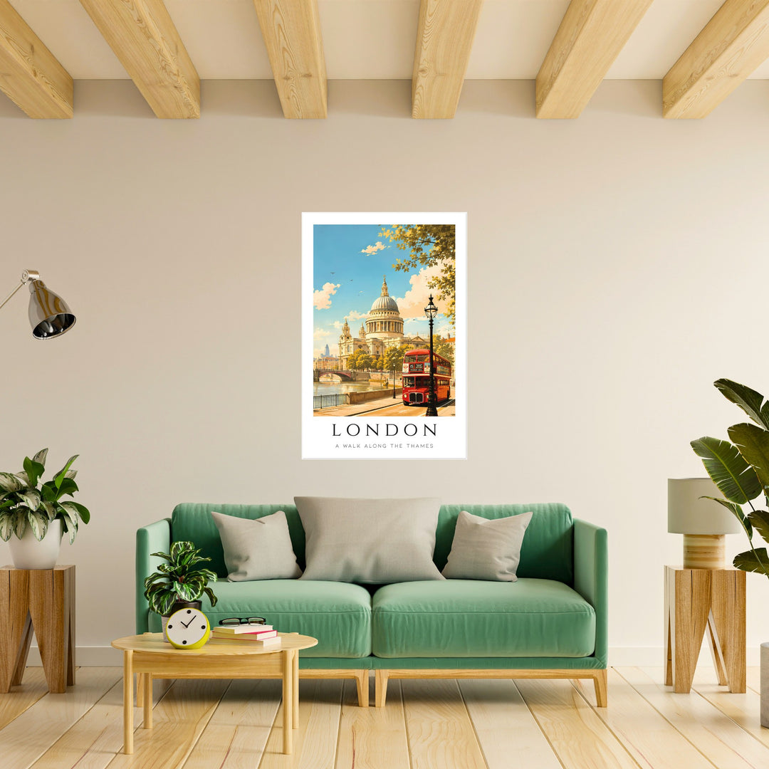 Póster decorativo vintage de Londres colocado sobre sofá verde en salón contemporáneo con madera natural, plantas y estilo escandinavo luminoso.