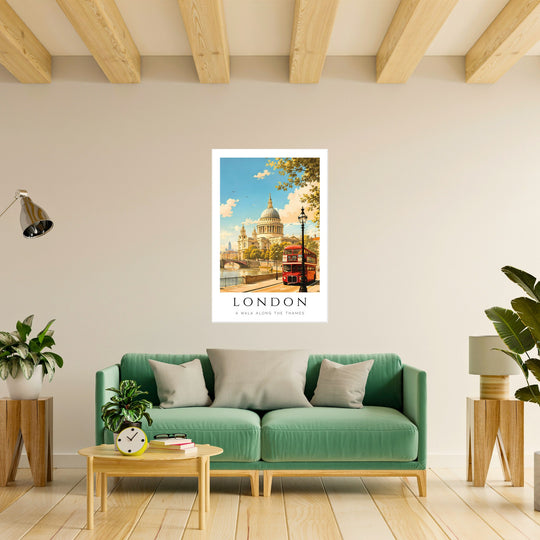 Póster decorativo vintage de Londres colocado sobre sofá verde en salón contemporáneo con madera natural, plantas y estilo escandinavo luminoso.