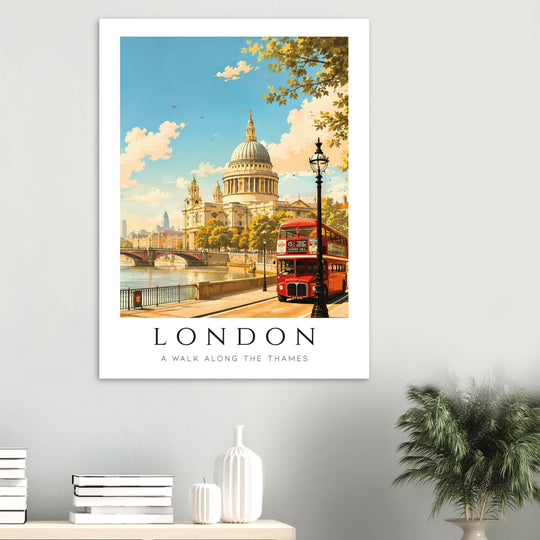 Lámina vintage de Londres con el Támesis, St. Paul y autobús rojo en marco blanco sobre pared clara de estilo minimalista elegante.